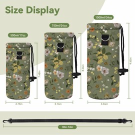 AORTDES Neoprene Water Bottle Carrier Bag with Adjustable Shoulder Strap for Men Women Walking Hiking,Portable Insulated Holder Case for Stainless Steel/Glass/Plastic Bottles (Green,Flowers, 500ML)
