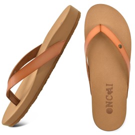 ONCAI Womens Flip Flops For Women Comfortable Leather Strap Yoga Mat Non-Slip Women's Thong Sandal Casual Summer Beach Slippers With Arch Support Khaki Size 9
