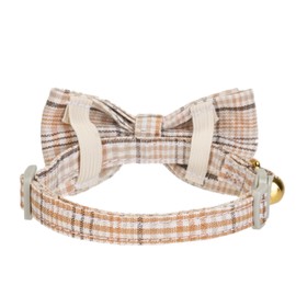 YUDOTE Plaid Cat Collars with Bow,Quick Release Safty Buckle and Charming Bell,Soft and Pure Cotton Fabric for Daily Use,Pack of 1 in Beige