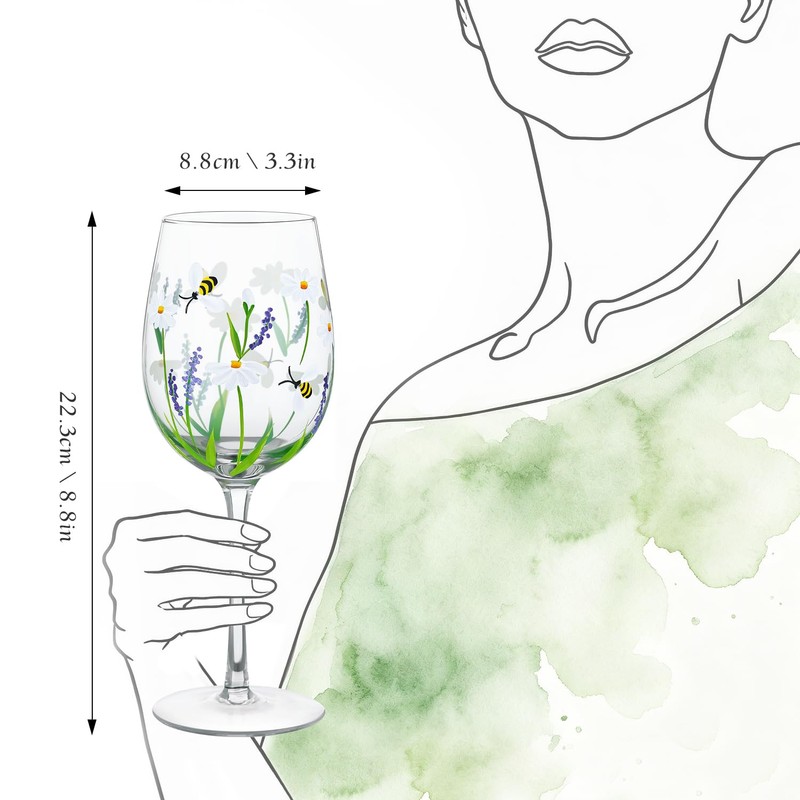 NymphFable Daisy Lavender Bee Hand-Painted Wine Glass for Her, 15