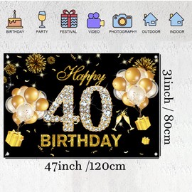 Happy 40th Birthday Backdrop Banner for Men and Women 40 Years Old Fabric Sign Poster Party Decoration, Black and Gold Photography Background 40th Birthday Party Supplies, 120x80cm