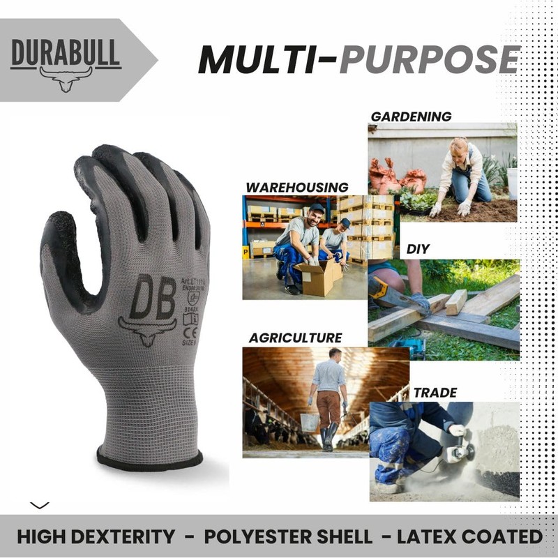 Durabull Latex Coated Work Gloves - Heavy Duty Protective Gloves