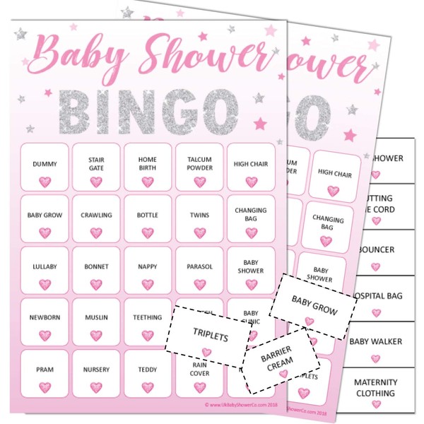 Baby Shower Bingo - Baby Shower Party Game for up to 20 Players - PINK STARS