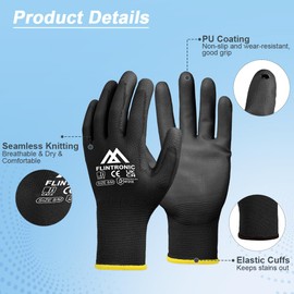 flintronic 12 Pairs of Work Gloves, Nylon Work Gloves for Men and Women, Coated Garden Gloves, with PU Coating, Non-Slip Gloves, for Builders, Mechanics, Black 8/M