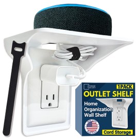 BeraTek Power Perch Wall Outlet Shelf with Cord Storage Strap - Small Wall Shelf Declutters & Reclaims Bathroom Counter Space - Alexa Echo Dot Stand, Apple Homepod Mini Wall Mount - White, 1-Pack