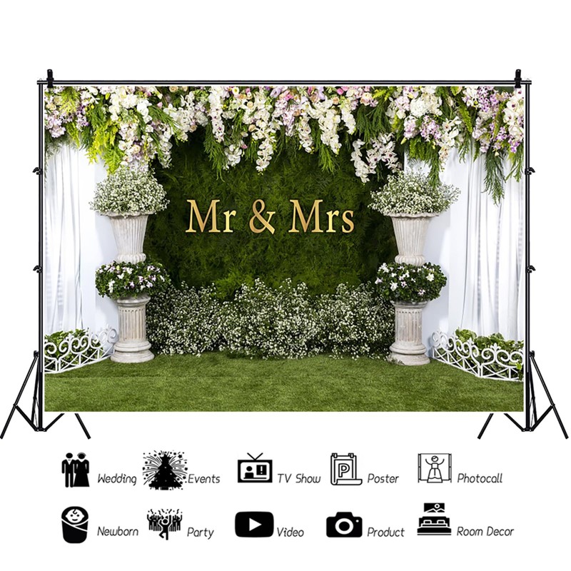 CRTPOD Wedding Backdrop Mr and Mrs White Curtain Floral Grass
