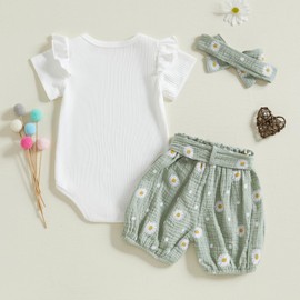 L&ieserram Baby Girls Little Daisy Print Outfits Short Sleeve Bodysuit Top Belted Pants Headband 3Pcs Summer Set (White Green, 12-18 Months)