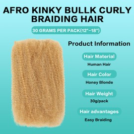 Humistwbiu Afro Kinkys Bulk Human Hair for Dreadlocks Extensions 30g/Pack Repair Locs/Twists/Braids 4C Afro Kinky Curly Human Hair Honey Blonde 14 Inch 27#