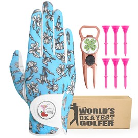 GKandi Womens Golf Glove with Ball Marker Value Set, Left Hand Right 1 Pack 6 Plastic Tee with Divot Tool, Stylish Colored All Weather Grip Breathable for Ladies Women (Blue, Medium, Right)