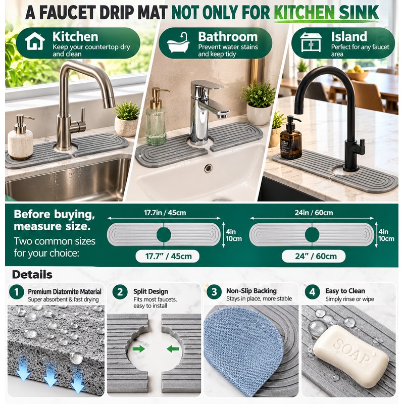 Water Absorbent Faucet Mat for Kitchen & Bathroom Sinks –