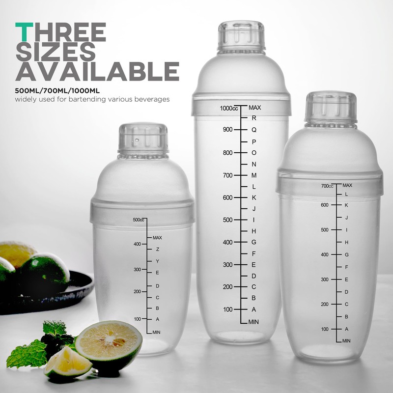 Homestia 2Pcs Plastic Cocktail Shaker with Double Jigger Set, 33oz/1000cc