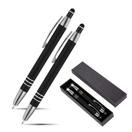SyPen Luxury Pen Gift Set, 2 Rubberized Metal Ballpoint Pens +Night Writer LED Flashlight +Stylus for Touchscreens +Gift Box, Gift Pen Sets for Men, Women, Black/Black