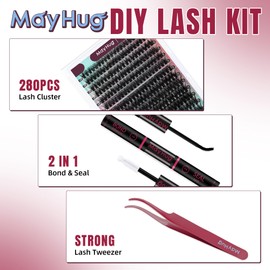 MayHug Cluster Lashes Kit 50D Natural Wispy 9-16mm Lashes 280Pcs Individual Eyelashes D Curl Cluster Lashes DIY Lash Extensions at Home(50D Kit)