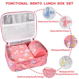 Bento Lunch Box Set for Kids with 10oz Soup Thermo, Leak-Proof Lunch Containers with 4 Compartment, Kids Thermo Hot Food Jar and Insulated Lunch Bag for Kids to School,BPA-Free(Unique Horse)