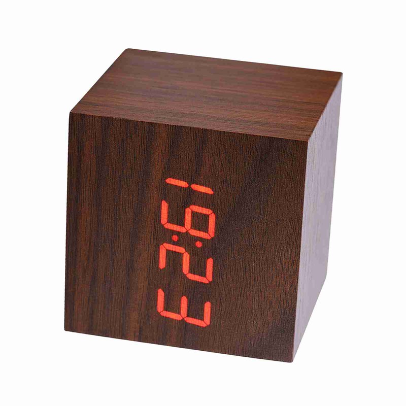 6x6x6cm Wooden Electronic Digital Alarm Desk Clock Temperature LED Display