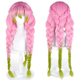 LABEAUTÉ Anime Mitsuri Cosplay Wig – Pink & Green Braided Pigtails with Cap for Halloween/Party