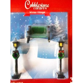 Cobblestone Corners  2021 Cobblestone Village Christmas Miniatures Accessories 1 Green Bench 2 Lamps