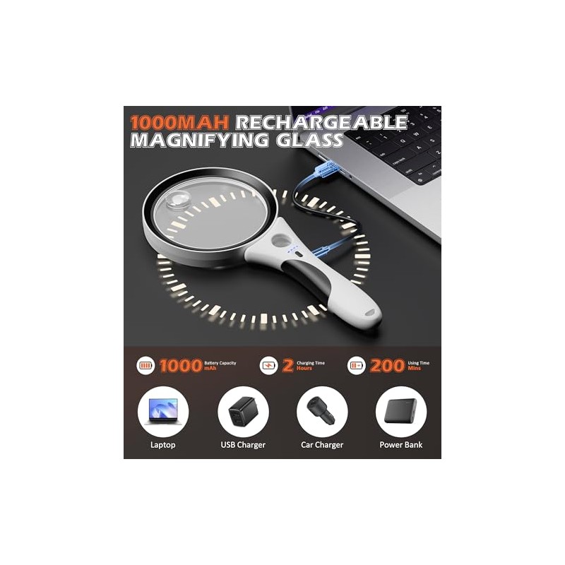 Rechargeable Magnifying Glass with Light, 10X 20X 45X Handheld Lighted