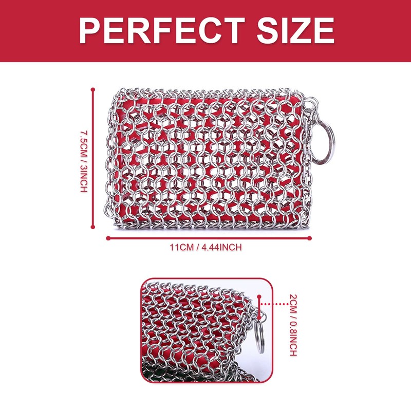 Cast Iron Scrubber, Chain Mail Scrubber with Silicone Insert, 316L