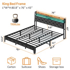 Winkalon King Size Bed Frame, Storage Headboard with Charging Station,Platform Bed Frame with RGB Lights,Solid and Stable, Noise Free, No Box Spring Needed, Easy Assembly,Gray