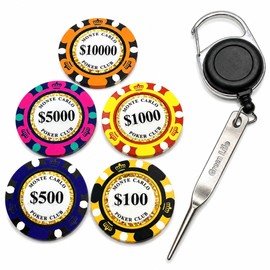 Casino Chip Marker Golf Marker Reel Green Fork Set of 6 - Grass Friendly Single Blade Green Fork with Anti-lost Reel Holder - Great Gift
