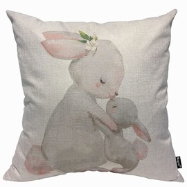 Mugod Rabbit Cushion Cover Throw Pillow Covers Cute Animal Hare Mom with Little Easter Bunny with Flower Leaves Pillow Case for Men Women Decorative Home Sofa Chair Couch 45x45cm/18x18 Inch