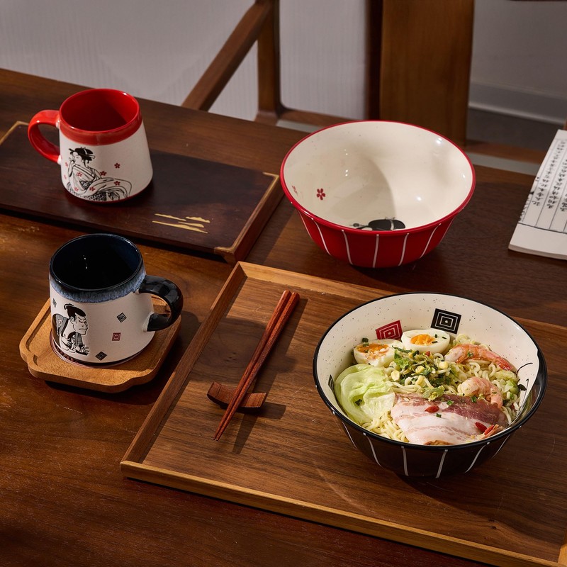 BICETTO Ramen Bowl Set 45oz, 8inch, Japanese Ukiyo-e Design -