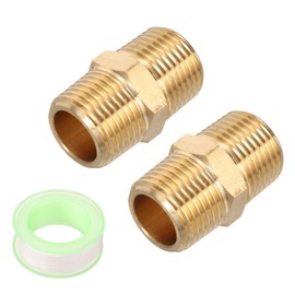 sourcing map 2pcs Hex Nipple Brass Pipe Fitting, 3/8 NPT Male x 3/8 NPT Male Threaded Pipe Adapter Pipe Connector with PTFE Tape, Gold Tone
