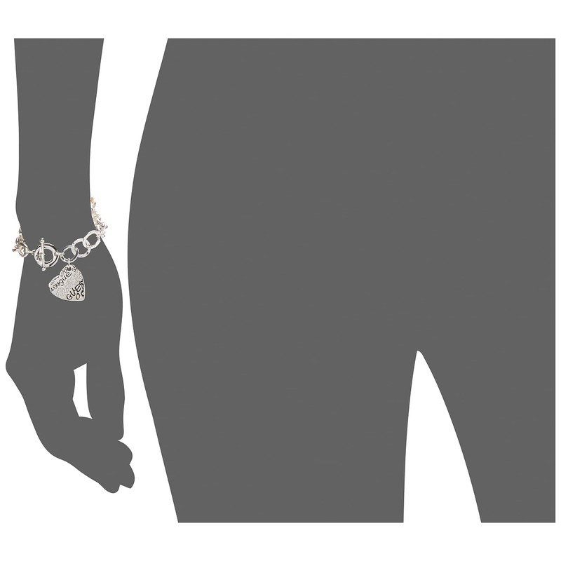 GUESS "Basic" Silver and Crystal Graffiti Heart Toggle Charm Bracelet