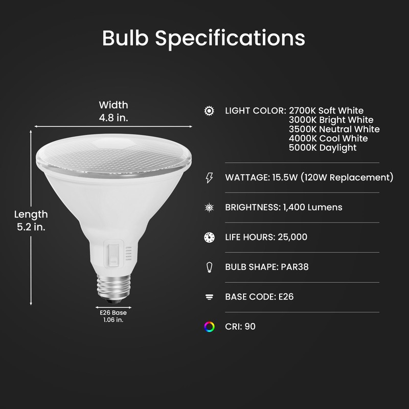 Feit Electric PAR38 LED Reflector Light Bulb, 120W Eq, 5CCT
