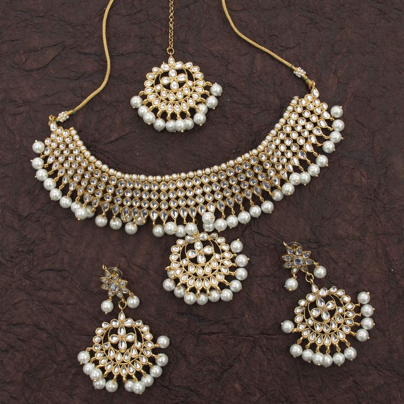 Aheli Ethnic Wedding Wear Faux Kundan Collar de cuentas (blanco)