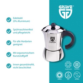 Gräwe espresso maker, made of stainless steel (0 % aluminium), capacity approximately 200 ml or 4 small cups, also suitable for induction cookers