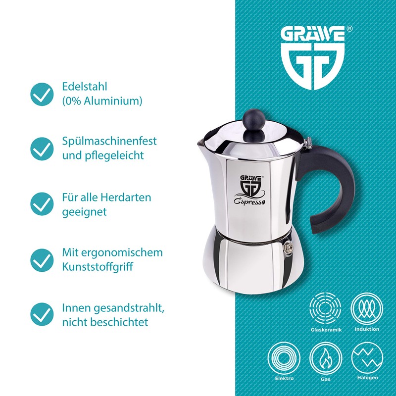 Gräwe espresso maker, made of stainless steel (0 % aluminium),