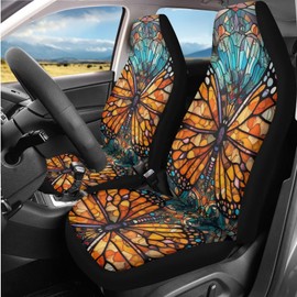 Uskorhein Butterfly 5 Pcs Car Seat Covers 2 Front Car Seat Cover, Stained Glass Butterfly Steering Wheel Cover, Mosaic Tile Monarch Butterfly Seat Belts Cover Decor for SUV Truck