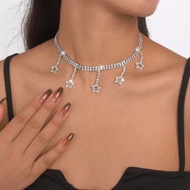 Chargances Sparkly Rhinestone Star Pendant Choker Silver Statement Crystal Necklace Dainty Star Jewerly for Women(Silver)