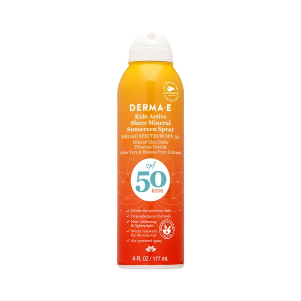 DERMA E Kids Active Sheer Mineral Sunscreen Spray SPF 50 – Broad Spectrum Protection for Toddlers and Kids – Water Resistant Spray Sunscreen for Sensitive Skin, 6 Oz
