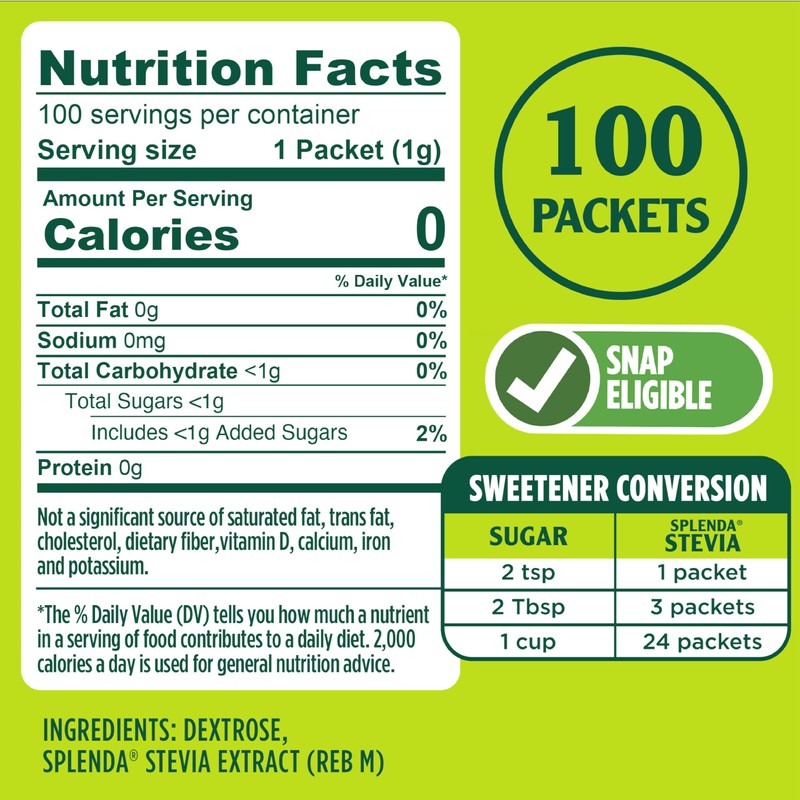 SPLENDA Stevia Zero Calorie Sweetener, Sugar Substitute Packets, 100 Count