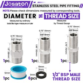Josaton 3 Pcs Hex Nipple Fitting 1/2" Male to 1/2" Male Thread Stainless Steel 304 Hex Nipple Pipe Fittings for Pipe Connecting Conversion