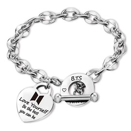 SOSAYI BTS Stainless Steel Bracelet, Bangtan Boys Unisex Bracelet, Kpop Heart Pendant Bracelets with 1 BTS 3D Sticker and 2 BTS Photocard, BTS Fan Item Gift for Army, Stainless Steel