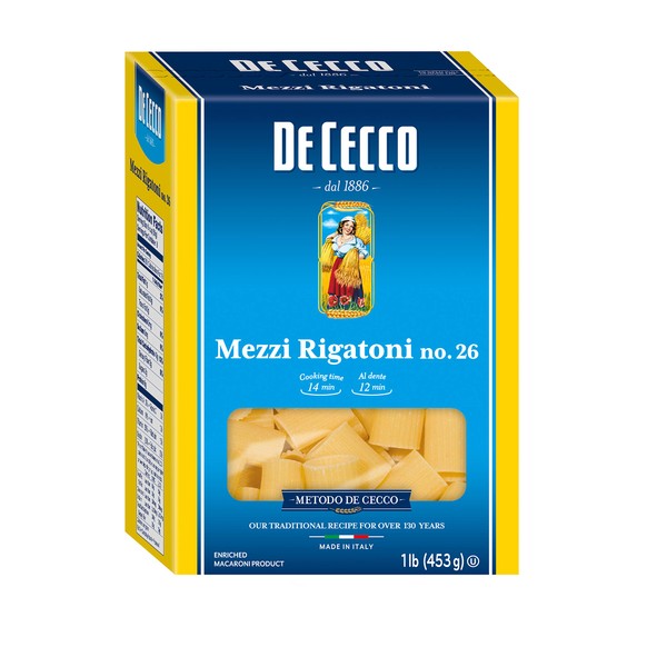 De Cecco Semonlina Pasta, Mezzi Rigatoni No.26, 1 Pound (Pack of 12)