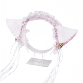 Kuroobaa Cat Ears Headband Lolita Style Ruffle Headband with Bell Lolita Cosplay Costume Accessory (White x Pink)