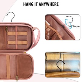 COOSKY Hanging Toiletry Bag for Men and Women, Travel Essentials Toiletries Organizer Dopp Kit, Water-resistant Shaving Case for Makeup Essentials, PU Leather Cosmetic Accessories, Pink, Large, Cute