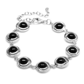 Silvershake 1960s Geometric Futuristic Natural Black Onyx Gem 925 Sterling Silver Bracelet 6 to 8 inch Extension