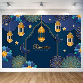 Ramadan Mubarak Backdrop Ramadan Kareem Banner Eid Mubarak Photography Background for Home Decorations Ramadan Party Supplies 70.8 x 47.2 Inch (Blue)