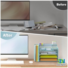 Docnest 4 Tier Mesh Desk Organizer with File Holder – Multi-Functional Paper Letter Tray with 5 Adjustable Compartments, 3 Pen Holders, Desktop Storage for Files, Mail, Stationery – Blue