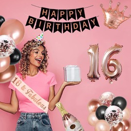 16th Birthday Decorations for Her, Rose Gold & Black Birthday Decorations for Girls - Happy Birthday Banner, Fringe Curtain, Sixteen Birthday Balloons Arch Kit 16th Birthday Supplies