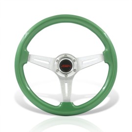 AJP Distributors Universal 14" 350mm 6 Bolts Holes Aluminum Light Weight Steering Wheel Green Wood Grain Chrome Deep Dish 3 Spoke Heavy Duty + Horn Button Replacement JDM VIP Sport