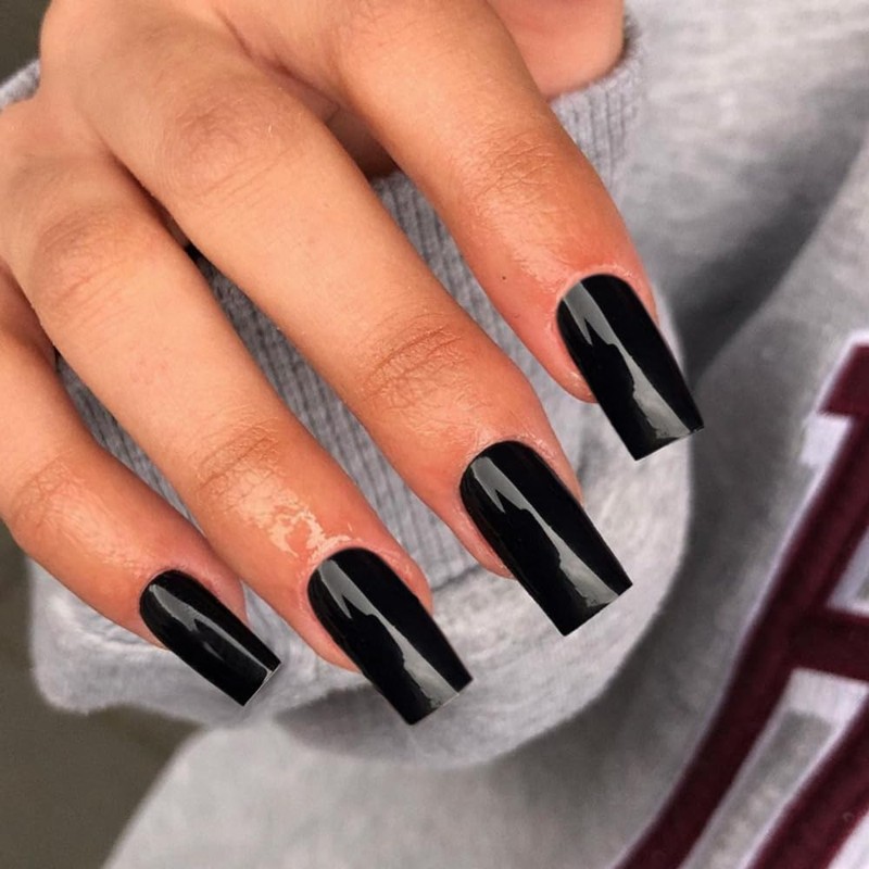 Black Press on Nails Medium Long,KXAMELIE Square Shaped Glue on