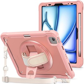 for iPad Air 11-inch 7th (M3) 2025/ 6th (M2) 2024/ Air 5th / 4th Gen 10.9"/ iPad Pro 11" 4th/3rd/2nd/1st Gen, Heavy Duty Shockproof Cover with Hand Strap 360 Degree Rotatable Kickstand -Black:_Pink
