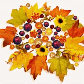 50 Floating Shades of Glowing Fall Leaves-Pumpkin Gems-Mums-Pearls-Fills 1 Gallon of Transparent Gels for Your Vases-with Measured Gels Prep Bag and 3 Warm White Submersible Fairy Lights Strings